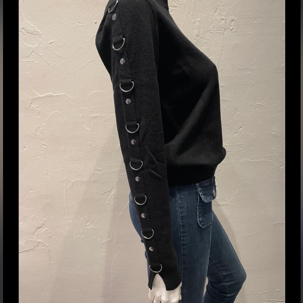 Minnie Rose black cashmere cotton sweater with silver hardware